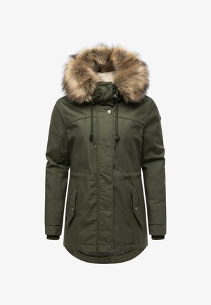 Parka vert olive avec capuche doublée en fausse fourrure, fermeture éclair à l'avant et boutons-pression, deux poches plaquées et poignets côtelés. Comprend un intérieur doublé pour la chaleur.