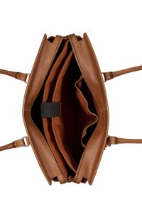 Sac à main en cuir marron avec une fermeture éclair, comprenant plusieurs compartiments et un intérieur doublé. Inclut des poignées épaisses et un design structuré.