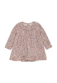 Langärmliges Kleid mit Rundhalsausschnitt, das ein lila Blumenmuster auf weißem Hintergrund zeigt. Ausgestellte Form und weicher Stoff.