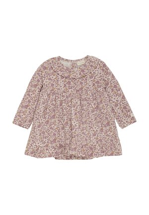 Langärmliges Kleid mit Rundhalsausschnitt, das ein lila Blumenmuster auf weißem Hintergrund zeigt. Ausgestellte Form und weicher Stoff.