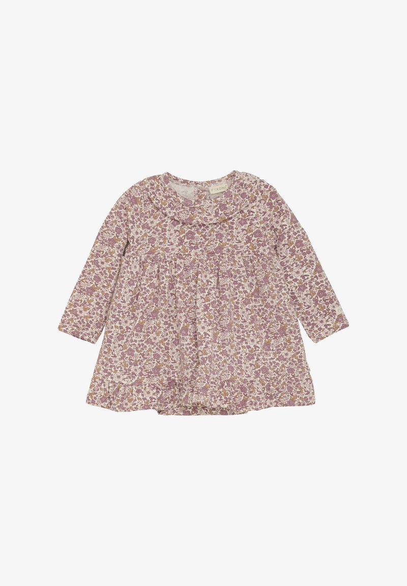 Langärmliges Kleid mit Rundhalsausschnitt, das ein lila Blumenmuster auf weißem Hintergrund zeigt. Ausgestellte Form und weicher Stoff.