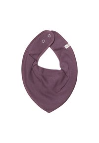 Lila mjuk tygbabybibs med sömmar och två metalltryckknappar för justerbar stängning.