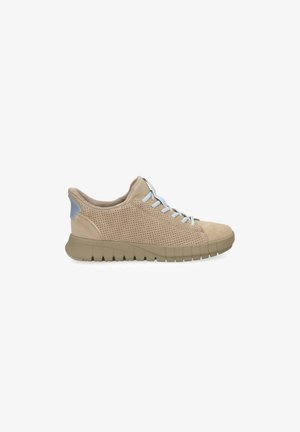 Beige suede sneaker with perforated sides, light blue laces, padded collar, and thick brown grooved sole, shown in side profile.