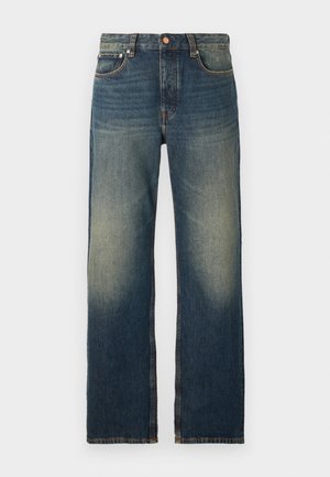 Proste niebieskie dżinsy z denimu z wyblakłym wykończeniem, kontrastowymi szwami, pięcioma kieszeniami oraz tradycyjnym zapięciem na guzik i zamek.