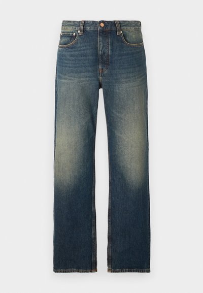 Straight-leg blue denim jeans featuring a faded finish, contrasting stitching, five pockets, and a traditional button and zipper closure.