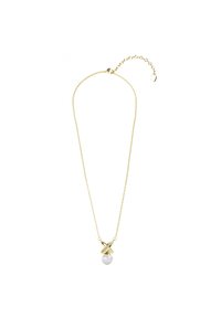 Gouden ketting met een centrale parelpendant, vervlochten designaccenten en een verstelbare sluiting. Gladde textuur met reflecterende oppervlakken.