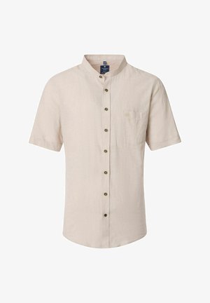 Beige korte mouwen overhemd met knopen en een mandarin kraag, voorzien van een borstzak en zeven donkere knopen aan de voorkant.