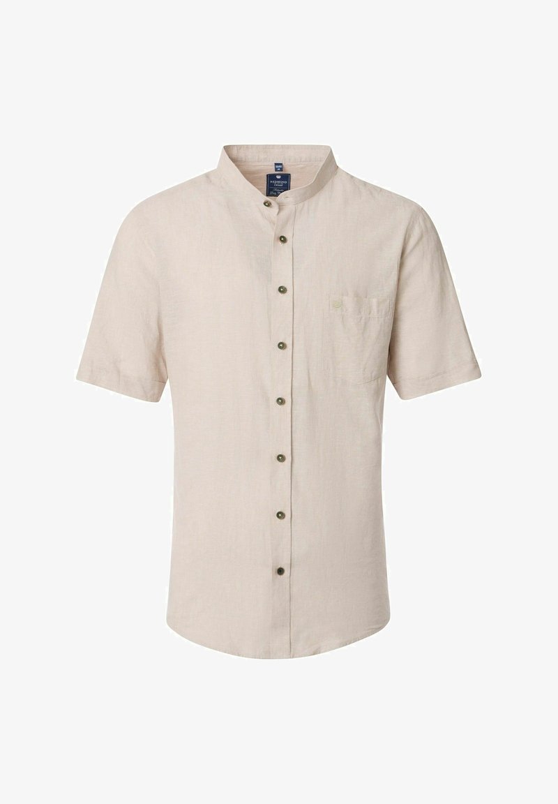 Beige korte mouwen overhemd met knopen en een mandarin kraag, voorzien van een borstzak en zeven donkere knopen aan de voorkant.