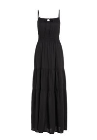 Svart ärmlös maxiklänning med tunna band, knut vid nyckelhalsringningen, elastisk midja och vågiga kjoldelar.
