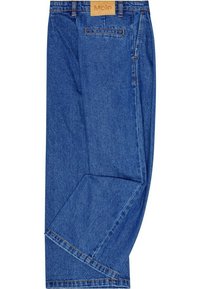 Pantaloni in denim blu con taglio dritto, cuciture a vista e una patch in pelle con il marchio in vita. Inclusa una tasca laterale.