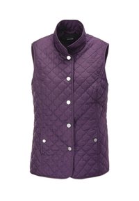 Lila gesteppte Weste mit hohem Kragen, ausgestattet mit sechs silbernen Druckknöpfen auf der Vorderseite und einem strukturierten Rautenmuster.