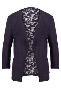 Cardigan viola scuro con maniche a tre quarti, apertura frontale e schiena con motivo in pizzo. Realizzato in tessuto lavorato a maglia strutturato.