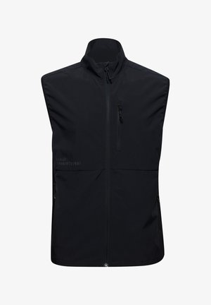 Czarna bezrękawnik wykonany z lekkiego materiału. Posiada wysoki kołnierz, zamek błyskawiczny z przodu oraz dwie boczne kieszenie z zamkami.