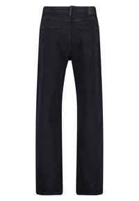 Mustat farkut, joissa on suora lahkeiden muotoilu, kahdella takataskulla ja sileällä pinnalla. Vyötäröllä on hienovarainen logotyyppi.