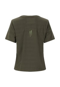 Olivgrön t-shirt med korta ärmar i mjukt material, med rundad halsringning och två vertikala reflekterande ränder på baksidan.