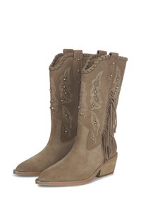 Botas vaqueras de ante marrón con detalles de flecos, puntera puntiaguda, costuras decorativas y remaches plateados. Cuentan con un tacón bajo apilado y lengüetas laterales.