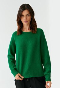 Groene gebreide trui met een relaxte pasvorm, geribde manchetten en zoom, gestructureerde stof, ronde halslijn en lange mouwen. Zwarte broek wordt eronder gedragen.
