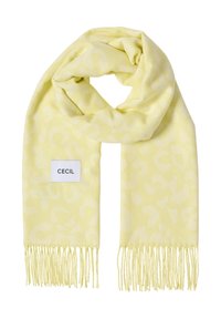 Écharpe jaune avec un motif animal subtil, bords frangés et une étiquette blanche affichant le nom de la marque "CECIL". Texture douce.