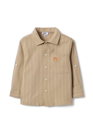Beiges langärmliges Kinderhemd mit Knöpfen, dezenten vertikalen Streifen, Brusttasche und einer kleinen orangenen Palme als Stickerei.