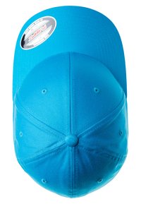 Blue baseball cap with a flat brim, made of textured fabric, featuring ventilation holes and a round top button.