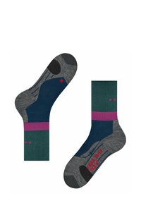 Mehrfarbige Socken in einer Mischung aus Blaugrün, Grau und Dunkelblau mit pinken Akzenten. Enthält verstärkte Ferse und Spitze mit sichtbarem Größenetikett.