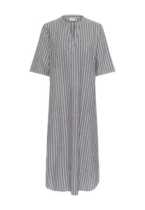 Abito a righe in grigio e bianco, caratterizzato da maniche corte, un design senza colletto e un'orlo fino al ginocchio con una silhouette dritta.