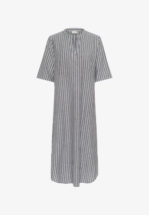 Abito a righe in grigio e bianco, caratterizzato da maniche corte, un design senza colletto e un'orlo fino al ginocchio con una silhouette dritta.