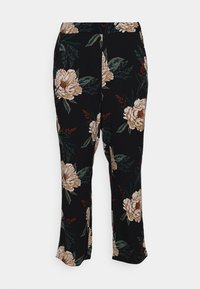 Pantalons noirs à motifs de grandes pivoine crème et de feuilles vertes, avec une coupe droite et une texture de tissu douce.