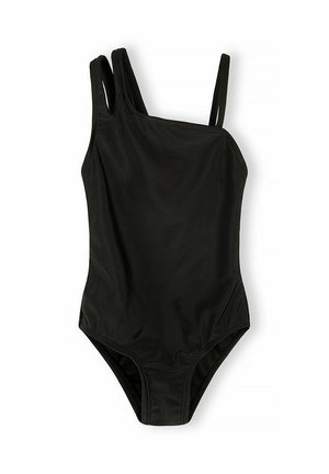 Czarny jednoczęściowy strój kąpielowy z asymetrycznymi podwójnymi ramiączkami, gładką tkaniną i umiarkowanym zasłonięciem nóg.