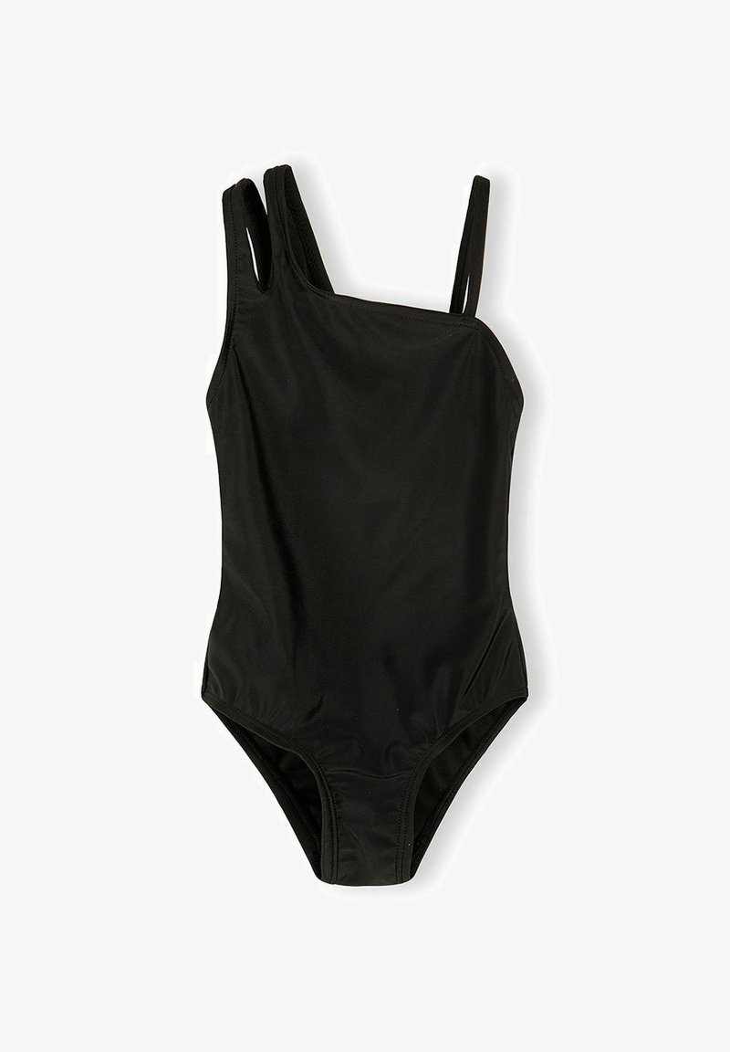 Maillot de bain une pièce noir avec bretelles doubles asymétriques, tissu lisse et couvrance modérée des jambes.