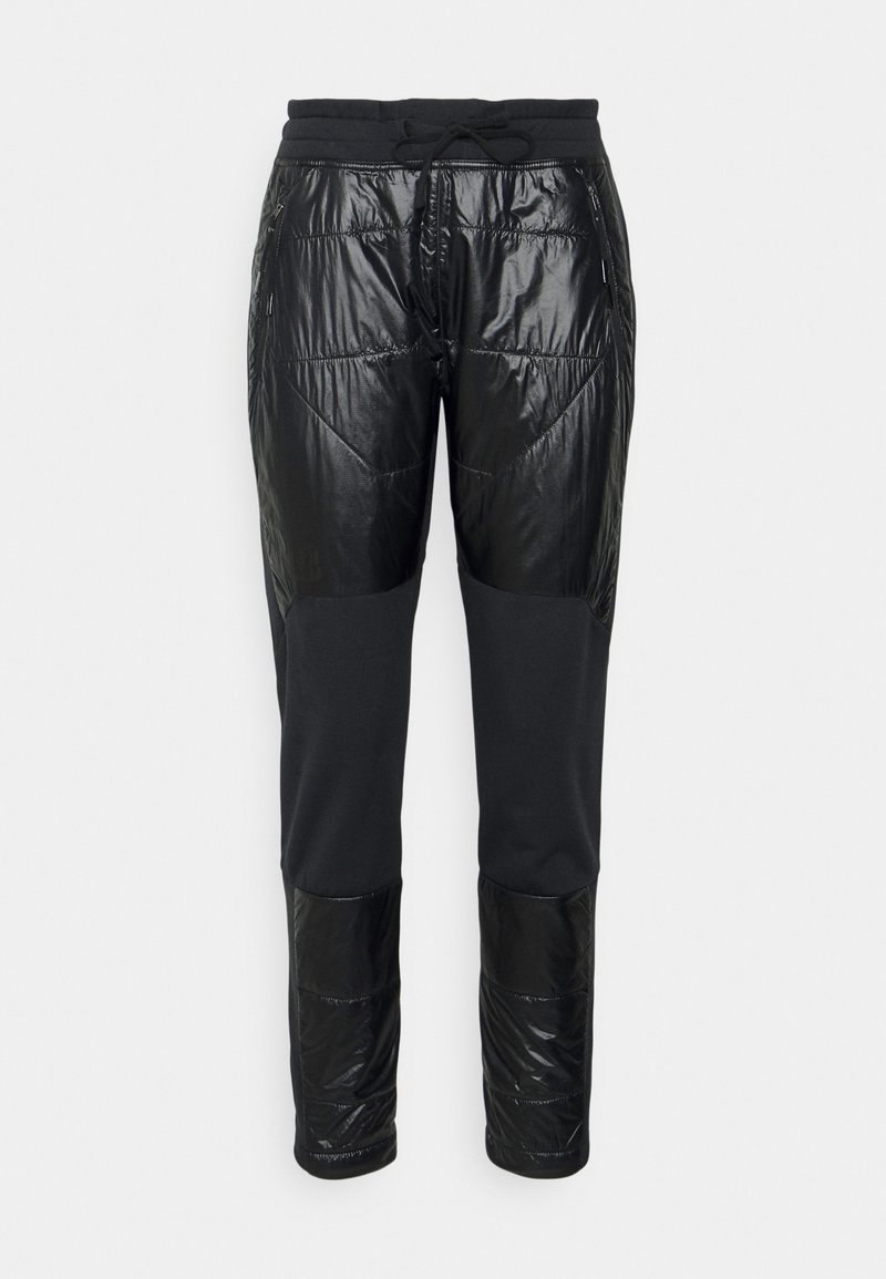 Pantalon noir matelassé avec des sections brillantes matelassées sur les cuisses et les parties basses des jambes, taille élastique et fermeture à cordon.