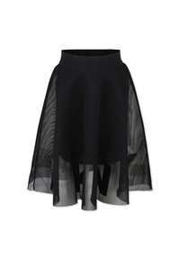 Jupe noire en mesh avec une taille élastique, présentant un design superposé qui s'élargit, mettant en valeur une texture translucide et une forme unique.