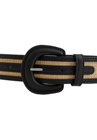 Svart läderbälte med spänne som har en vävd beige rand, texturerad yta och flera hål för justering av storlek.