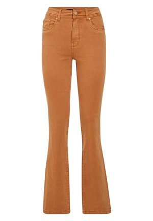 Jeans a zampa in tinta kaki con vita alta, realizzati in un morbido misto cotone. Presentano tasche frontali tradizionali e zip.