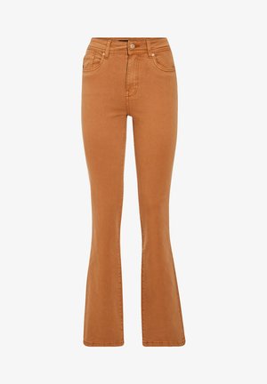 Pantalones acampanados color tan con cintura alta, fabricados con una suave mezcla de algodón. Presentan bolsillos frontales tradicionales y cierre de cremallera.