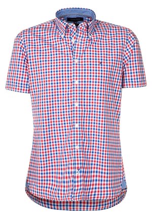 Kurzärmliges Hemd mit Knopfleiste, kariert in Rot, Weiß und Blau, mit einem Button-Down-Kragen.