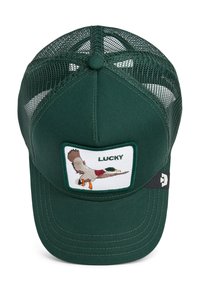 Cappellino verde in rete posteriore con una toppa frontale ricamata con un'anatra e la parola "LUCKY". Design strutturato con visiera curva.