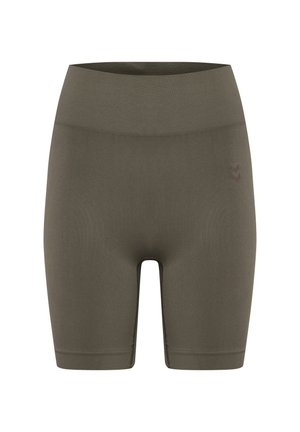 Hoge taille, naadloze olijfgroene sportkorte broek tot over de knie met een brede tailleband en subtiele branding op de rechterdij.