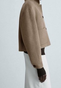 Veste cropped en mélange de laine marron avec un col haut, de grandes poches avant et une fermeture à boutons, conçue avec une coupe boxy et un tissu texturé.