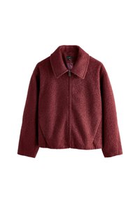 Veste bordeaux en mélange de laine texturée avec zip, large col, manches longues et coupe légèrement raccourcie.