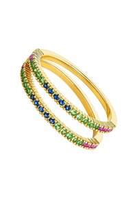 Juego de pulseras de oro que presenta dos anillos entrelazados. Uno tiene un borde texturizado y ambos están adornados con piedras preciosas de colores: verde, azul y rosa.