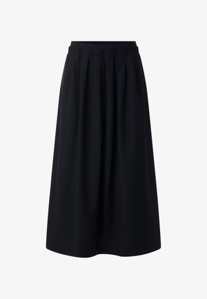 Zwarte, knielange rok met een geplooid ontwerp en een elastische tailleband. Gemaakt van een zachte stof zonder zichtbare patronen of accenten.