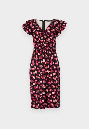 Robe noire à motifs floraux avec manches bouffantes, ornée de fleurs roses et rouges, avec un devant froncé et une fermeture éclair au dos. Texture de tissu lisse.