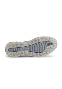 Suola di scarpa in gomma grigia con una presa testurizzata e motivi scolpiti. Presenta un prominente logo Michelin al centro.