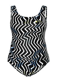 Maillot de bain une pièce noir avec un motif en zigzag blanc et bleu, en tissu texturé et avec des bretelles larges pour un soutien.