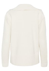 Cardigan bianco lavorato a maglia con maniche a trama testurizzata, orlo a coste e collo a scialle. La vista posteriore non presenta bottoni o chiusure.