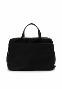 Black rectangular bag made of smooth fabric with dual top handles, a zip closure, and a flat front pocket for storage.