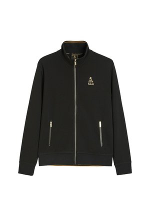 Czarna kurtka rozpinana na zamek z stójką, dwoma przednimi kieszeniami na zamek i małym złotym logo Dakar na lewej piersi.