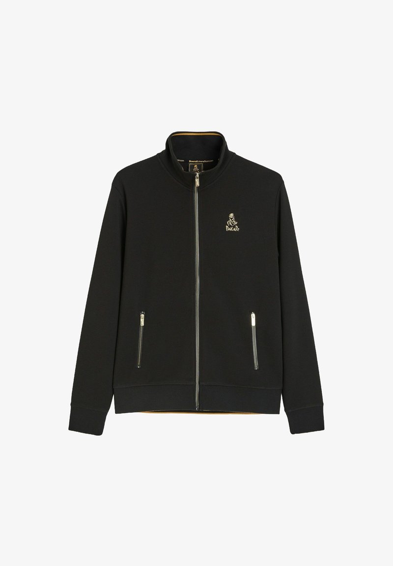 Czarna kurtka rozpinana na zamek z stójką, dwoma przednimi kieszeniami na zamek i małym złotym logo Dakar na lewej piersi.