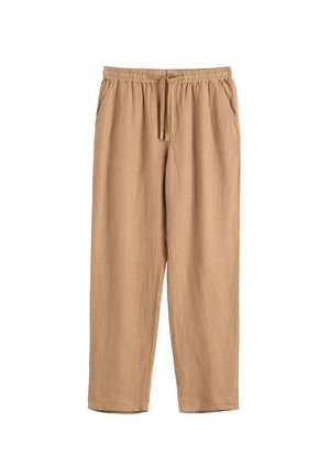 Losse beige linnen broek met elastische tailleband, koordsluiting, knoopsluiting en zijzakken.
